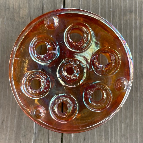 Vintage Iridescent Marigold Carnival Glass Flower Frog Floral Arranger - Picture 10 of 14